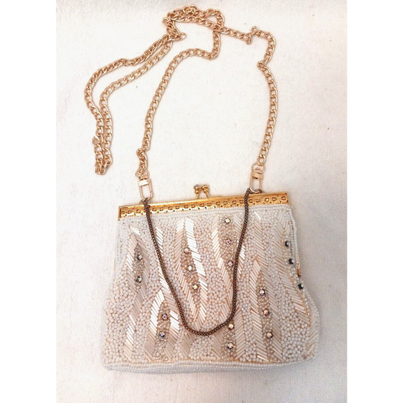 Victorian Glass BEADED Iridescent Bead 14K Plated Evening ART DECO NOUVEAU Purse - Picture 1 of 16